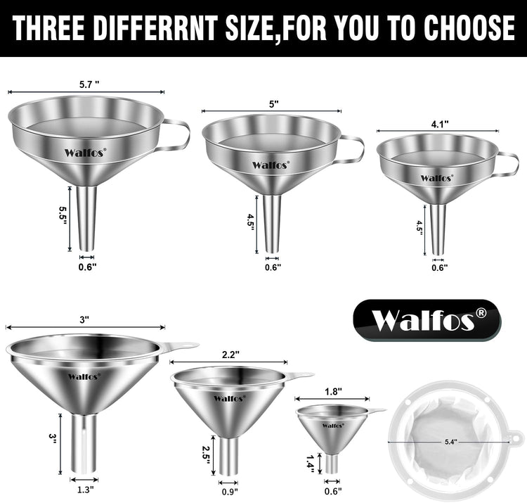 Stainless Steel Funnel, Walfos 6 Different Sizes of Kitchen funnels with 2 Removable Strainer & 1Pcs Cleaning Brush, 200 Mesh Food Filter Strainer,for Transferring of Liquid, Oils, Jam, Powder