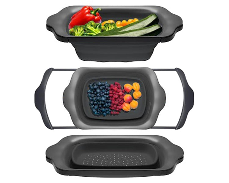 Over-the-Sink Colander with Handles – Sleek Plastic Black Kitchen Strainer for Pasta, Vegetables & Fruits – Space-Saving Design – 17.1 x 10.2 x 1.75 Inches