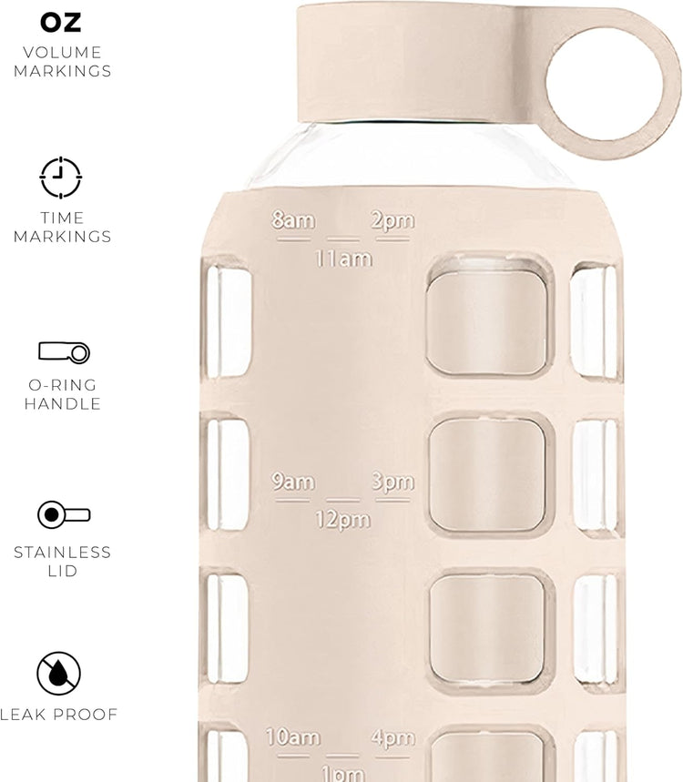purifyou 40oz / 32oz / 22oz / 12oz Borosilicate Glass Water Bottle with Time & Volume Markers, Silicone Sleeve, Stainless Steel Lid – Reusable Glass Bottle for Water & Juice (22oz Pearled Ivory)