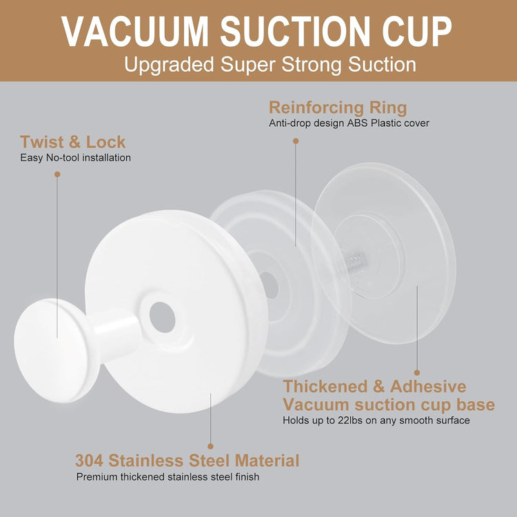 ZESLMG Suction Cup Hooks for Shower Wall, Door Wreaths, Removable Inside Shower Towel Hooks for Bathroom Window Glass Kitchen- Bath Robe Loofah Suction Hooks for Hanging More Surfaces (White, 2 Pack)