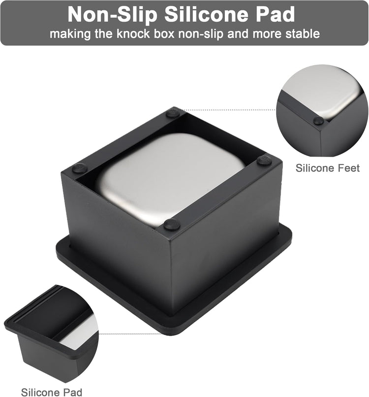Espresso Knock Box, Coffee Knock Box for Espresso Grounds Disposal, Large Capacity, Equipped with Noise Reduction Rubber Ring & Steel Holder, Ideal Tool for Espresso Machines, Black (Small)