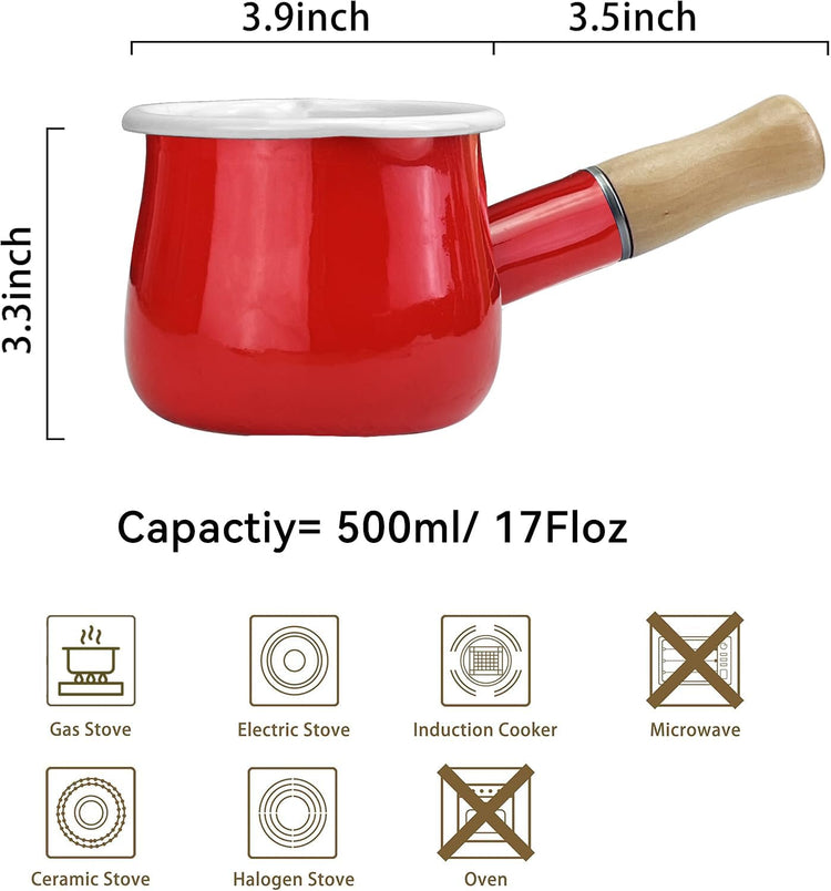 Mini Enamel Milk Pot 4 Inch 17 Oz Dual spout with Wooden Handle, Small Sauce Pan Perfect Size for Heating Smaller Liquid Portions (Red)