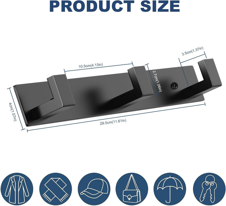 PMMASTO Wall Mounted Coat Hooks- Stainless Steel Rust-Resistant Bathroom Hangers for Towels/Hats/Coats, Heavy-Duty Wall Mount Hooks with Screws (Black 3 Hooks, 2-Pack)
