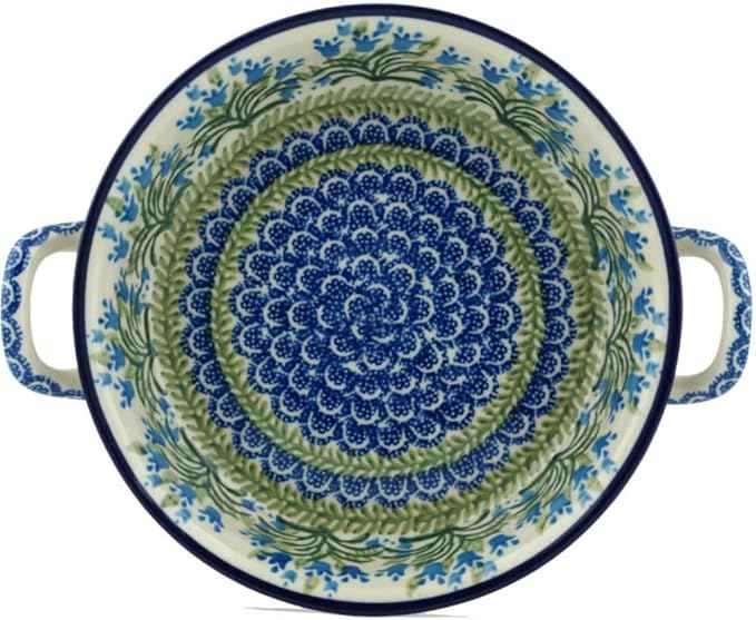 Polish Pottery Round Medium Baker with Handles (Feathery Bluebells) made by Ceramika Artystyczna