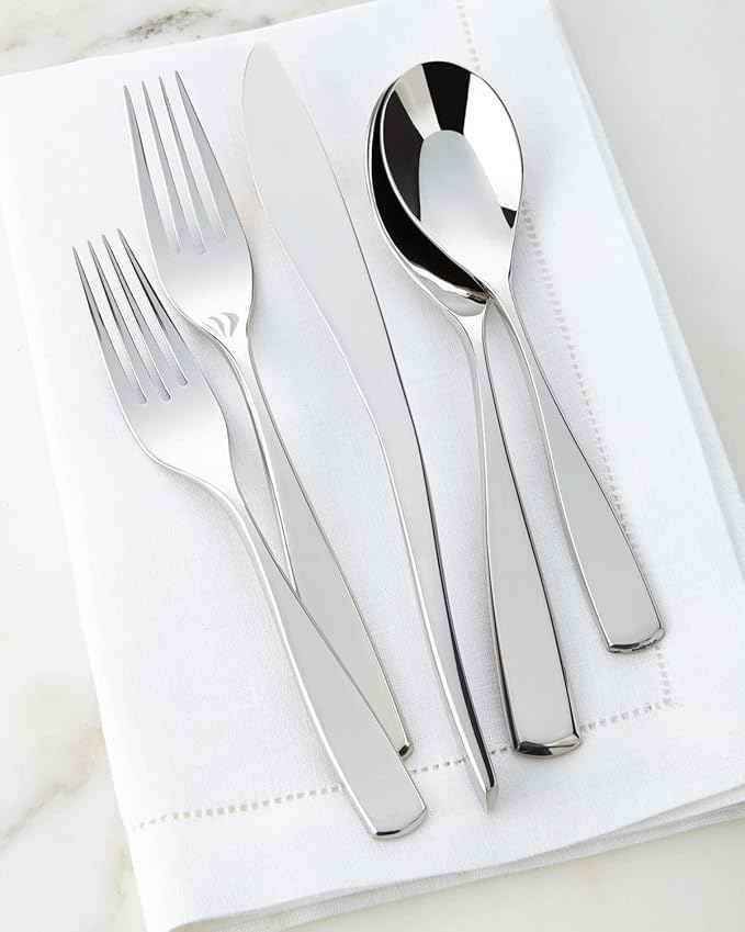nambe Anna Flatware, 45-Pc Set, 18/10 Mirror Stainless Steel Silverware Cutlery Set, Designed for Home Kitchens, Hotel, or Restaurants, Service for 8 and a 3pc Hostess Utensil Set, Dishwasher Safe