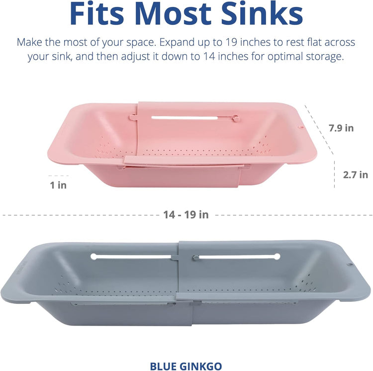 BLUE GINKGO Sink Colander Baskets - (Pack of 2) Wash Vegetables and Fruits, Drain Cooked Pasta and Dry Dishes - Extendable - New Home Kitchen Essentials (Grey & Pink)