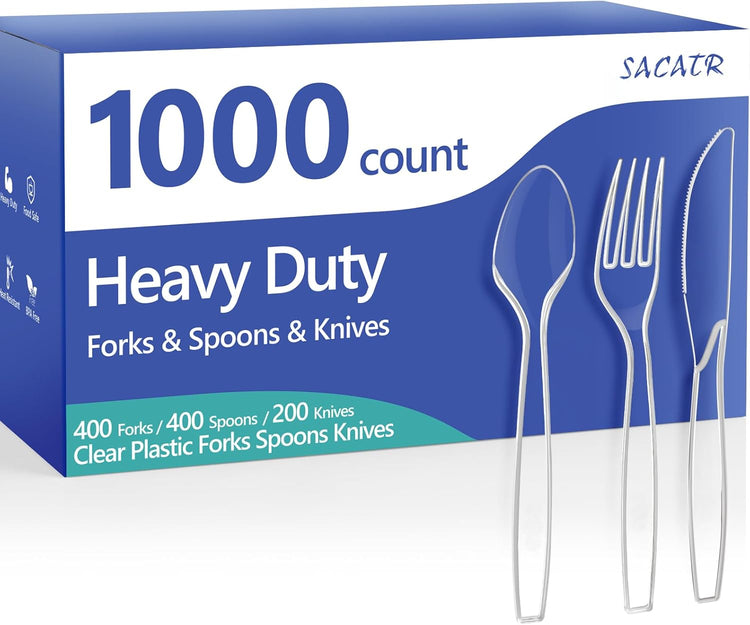 1000 Count Plastic Silverware Heavy Duty - 400 Forks, 400 Spoons, 200 Disposable Knives, BPA-Free, Disposable Plastic Cutlery Set, Plasticware Suitable for Party Everyday Use 