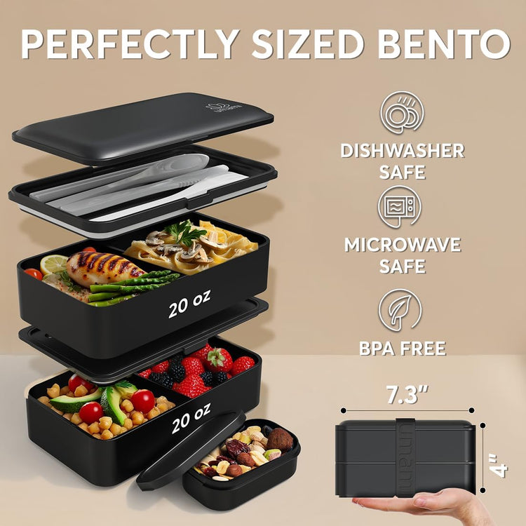 Umami Bento Box Adult All-In-1 w/4 Utensils, Sauce Jar, 2 Dividers, 100% Leakproof, Microwave & Dishwasher Safe, Stackable Bento Lunch Box Containers for Men/Women, Matte Black, 40 oz