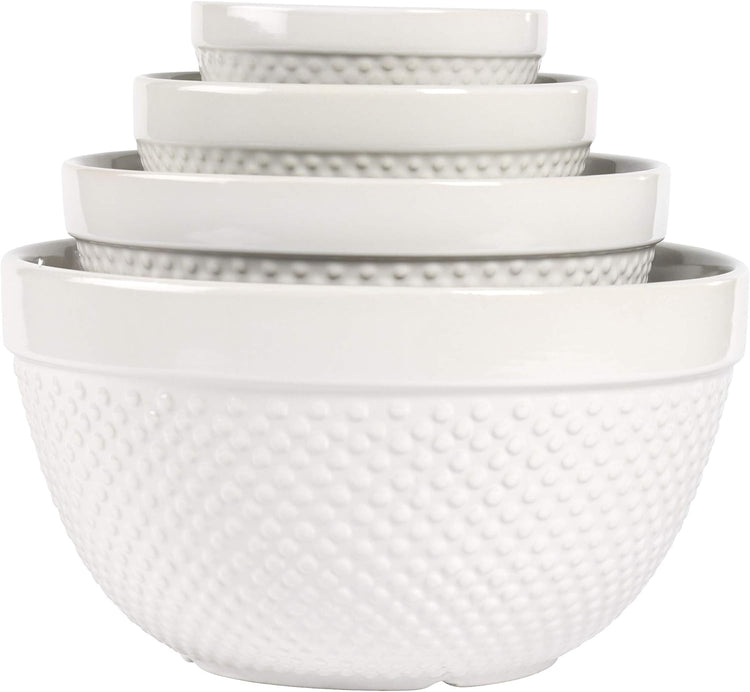 TTU Tabletops Gallery Hobnail Style 4 Piece Classic White Stoneware Nesting Mixing Bowl Set for Baking and Cooking