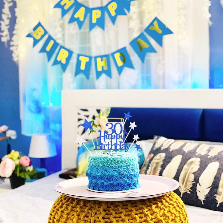 Glittery 30th Happy Birthday Cake Topper with Star,Personalised 50 Birthday Cake Toppers Party Decorations Party Supplies for Men Women Blue
