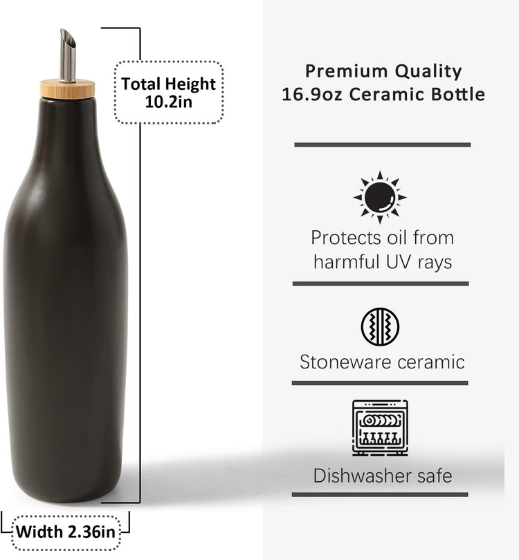 HOMCDALY Olive Oil and Vinegar Dispenser Set, Two 16oz Ceramic Oil Dispenser for Kitchen, Kitchen Dispenser Bottle for EVOO Vinegar Syrups, Modern Farmhouse Design| Set of 2 – Black