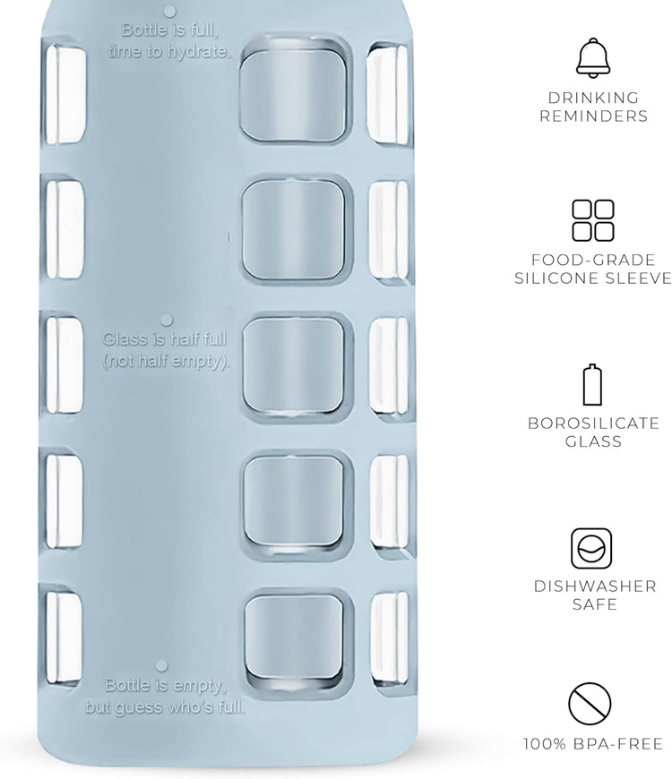 purifyou 40oz / 32oz / 22oz / 12oz Borosilicate Glass Water Bottle with Time & Volume Markers, Silicone Sleeve, Stainless Steel Lid – Reusable Glass Bottle for Water & Juice (22oz Ice Blue)