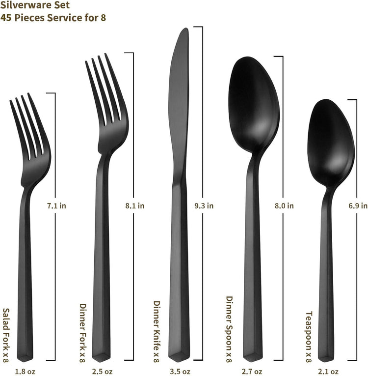 Alata Cube 45-Piece Forged Stainless Steel Flatware Set Cutlery Set with Utensil-Serving Set, Silverware Set Service for 8, Matte Satin Polished, Dishwasher Safe
