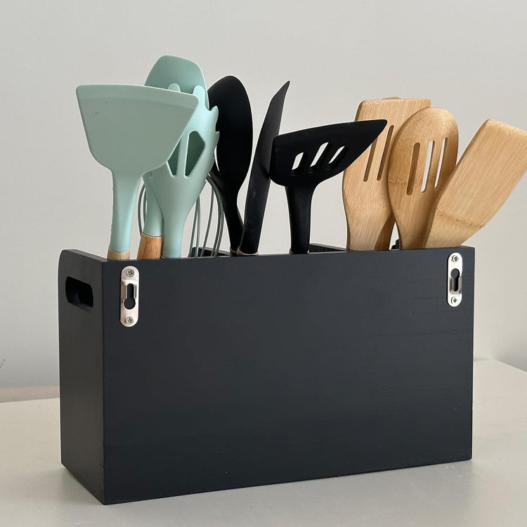 Solid Wood Farmhouse Cooking Utensils Organizer: Large Countertop Utensil Holder, 3 Compartments - Black