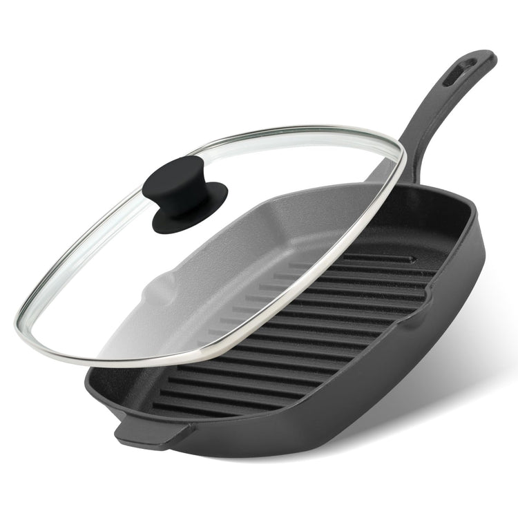 10.5 Inch Cast Iron Square Grill Pan with Tempered Glass Lid