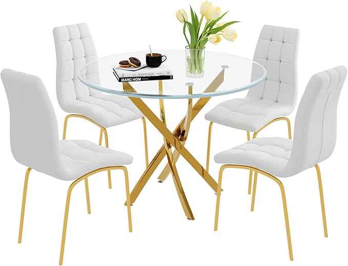 5 Piece Round Glass Dining Table Set, Round Tempered Glass Kitchen Tables Set for 4, Modern Table Set with 4 High-Back Upholstered Chairs for Kitchen Dining Room (Gold Legs, 4 White Chairs)