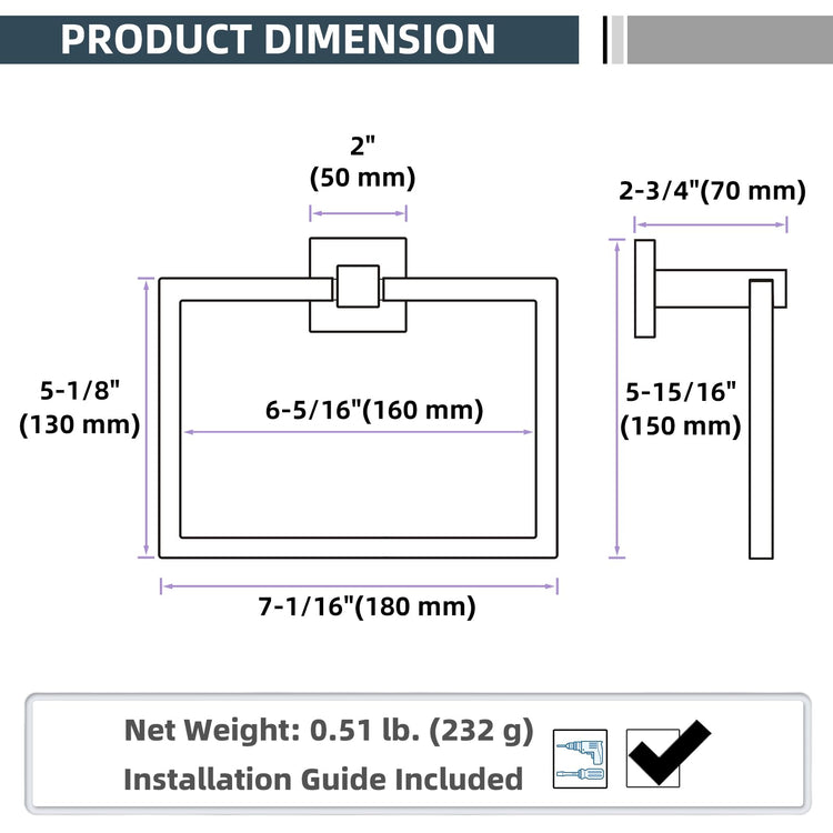 Matte Black Square Towel Holder for Bathroom