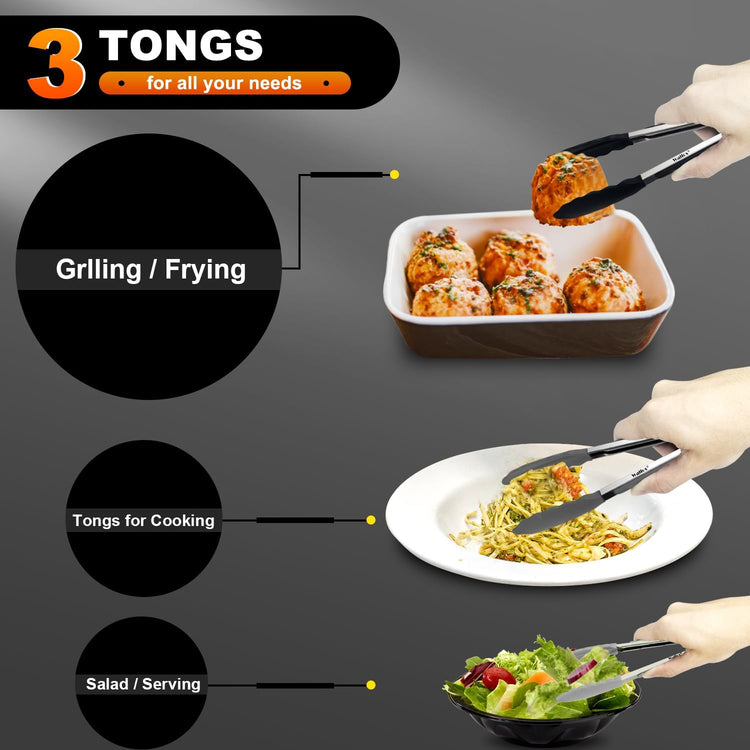 Walfos Small Silicone Tongs for Cooking- 7 inch Mini Kitchen Tongs with Silicone Tips, Great for Cooking, Turning, Serving, Food tongs Set of 3