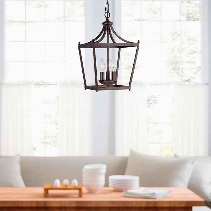 Capital Lighting 4036BB Stanton Geometric Metal Open Frame Lantern Foyer Pendant, 3-Light 180 Total Watts, 17" H x 10" W, Burnished Bronze
