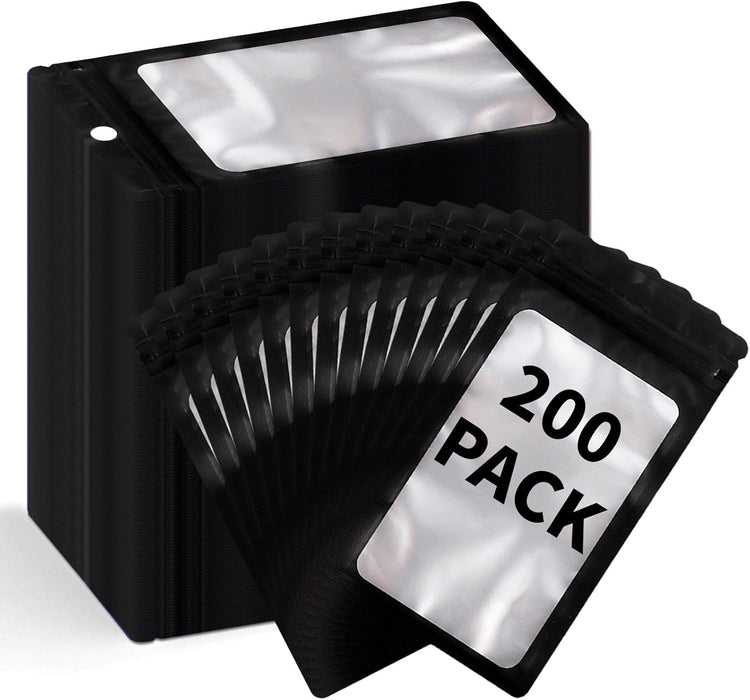 200 Pack Resealable Mylar Holographic Bags Food Storage Smell Proof Bags with Front Window Foil Packaging Pouch for Candy Sample Jewelry Small Business 3.54×6.29 Inch, Black