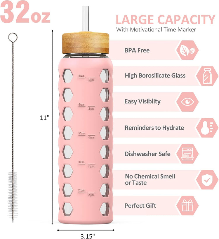 MUKOKO 32oz Glass Water Bottles with 2 Lids-Handle Spout Lid&Bamboo Straw Lid, Motivational Water Tumbler with Time Marker Reminder and Silicone Sleeve, Leakproof-Pink-1 Pack
