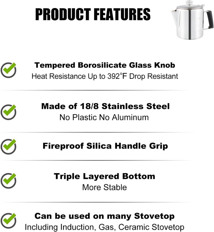 Multi Use 6 Cup Coffee Pot Bundle Coffee Percolator with 2 Mugs Stainless Steel Coffee Maker with Two Heat Resistant Tough Borosilicate Glass Knob Fireproof Silica Handle Using on any Stovetop