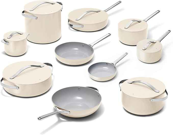 Caraway 24-Piece Nonstick Ceramic Cookware Set - Includes Fry Pans, Sauce, Sauté Pan, Dutch Oven, Petite Cooker, Stir Fry, Rondeau, Stock Pot, Lids & Storage Organizers - Cream