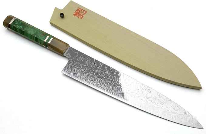 Yoshihiro Damascus SG2 (R2) Semi-Stainless Gyuto Chefs Knife (10.5'' (270mm), Stabilized Maple Burl Handle & Triple Ring)