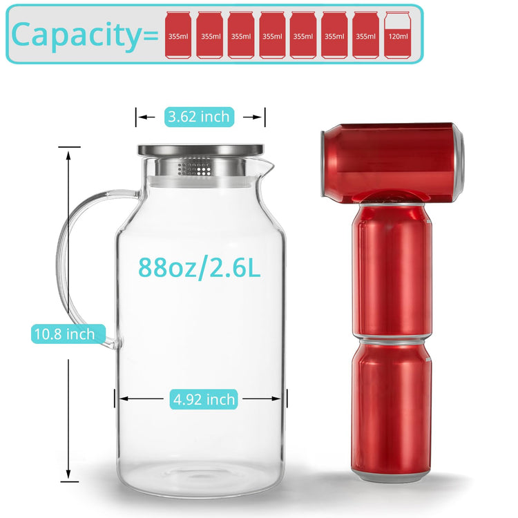 2.6 Liter 88 oz Glass Pitcher with Lid and Handle
