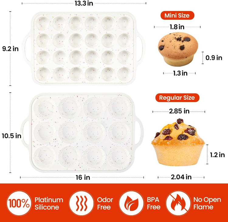 Silicone Muffin Pans for Baking, Metal Reinforced Frame Regular 12 Cups & Mini 24 Cups Cupcake Pan Set Nonstick Muffin Pan for Homemade Baking Easy to Handle