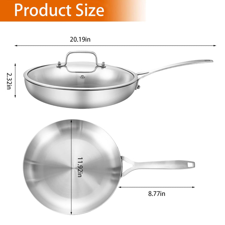 Tri Ply Stainless Steel Frying Pan 12" With Lid Kitchen Skillet