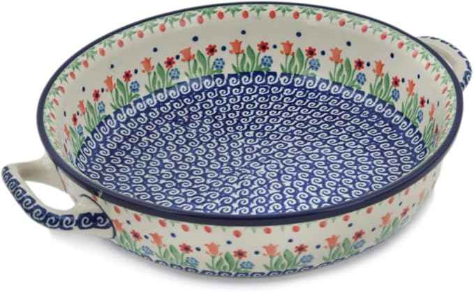 Polmedia Polish Pottery Round Baker with Handles 10-inch - Babcia's Garden Pattern Handmade in Boleslawiec Poland by Ceramika Artystyczna + Certificate of Authenticity