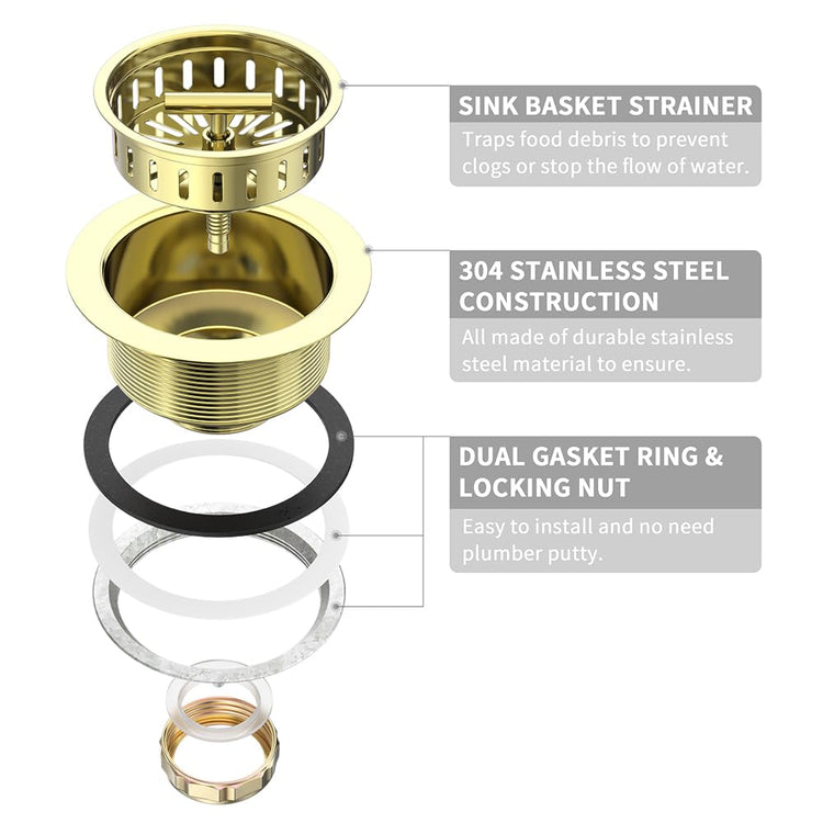 3-1/2 Inch Kitchen Sink Drain Assembly Stainless Steel Gold Kit with Strainer Basket/Rubber Stopper, Rustproof Durable Gold Finish Replacement for Standard Commercial Sink Drains