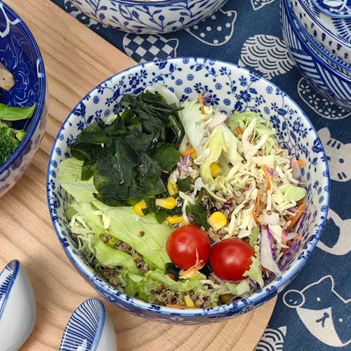 28Oz Ceramic Soup Ramen Bowl Set of 6 with Spoon Gift Box (6in-Floral & Rhombic-6)