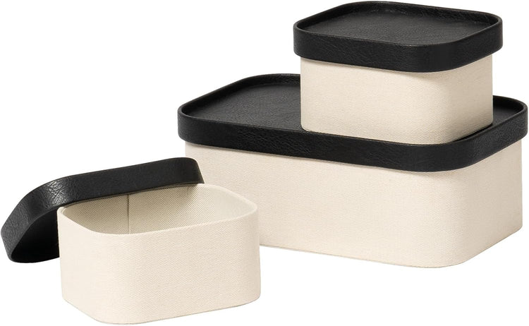 LA JOLIE MUSE Fluted Cardboard Storage Baskets with Leather-Like Lids, Sturdy Stackable Paper Boxes Decorative Tray, Black & Beige, Set of 3