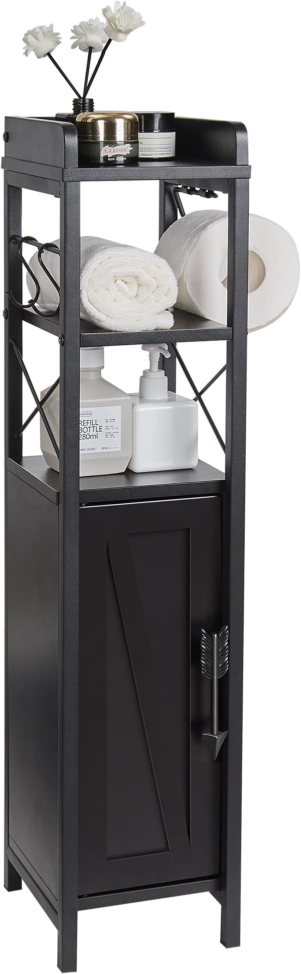 VECELO Small Bathroom Cabinet,Slim Toilet Paper Holders with Door,Metal Rack & 2 Shelves,Upgraded Narrow Storage Organizer for Restroom Bathroom Tiny Space,Fenced Top Waterproof Coating,Black