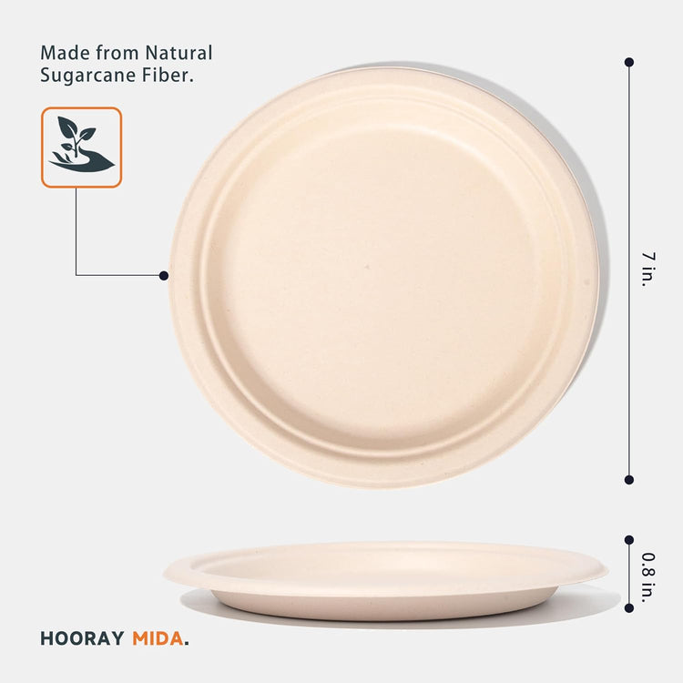 100% Compostable Plates - 125-Count Heavy Duty, Biodegradable Bagasse Plates - Eco Friendly and Sustainable (Natural, 7 inch)
