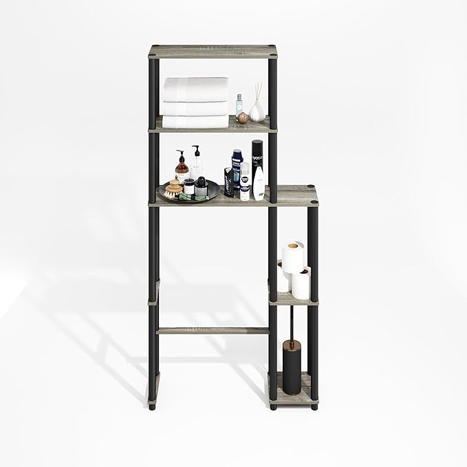 Furinno Turn-N-Tube Over The Toilet Storage, 5-Shelf Over The Toilet Organizer, Freestanding Space Saver Bathroom Shelf, for Bathroom Organizers and Storage, Grey Oak