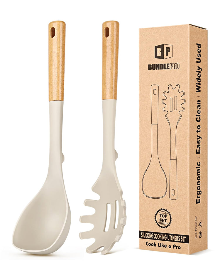 Silicone Soup Ladle and Spaghetti Spoon Set with Wooden Handle (2 Count)