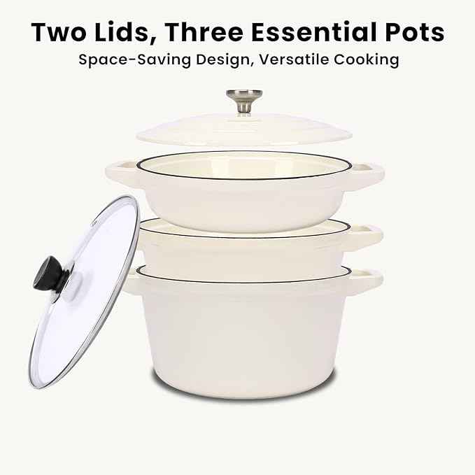QuliMetal Enameled Cast Iron Set 5-Pc, 10" Stackable Space-Saving Cookware Set, Dutch Oven, Skillet, Grill Pan, with 2 Universal Lid, Versatile Enamel Dutch Oven, Included Spacers, White