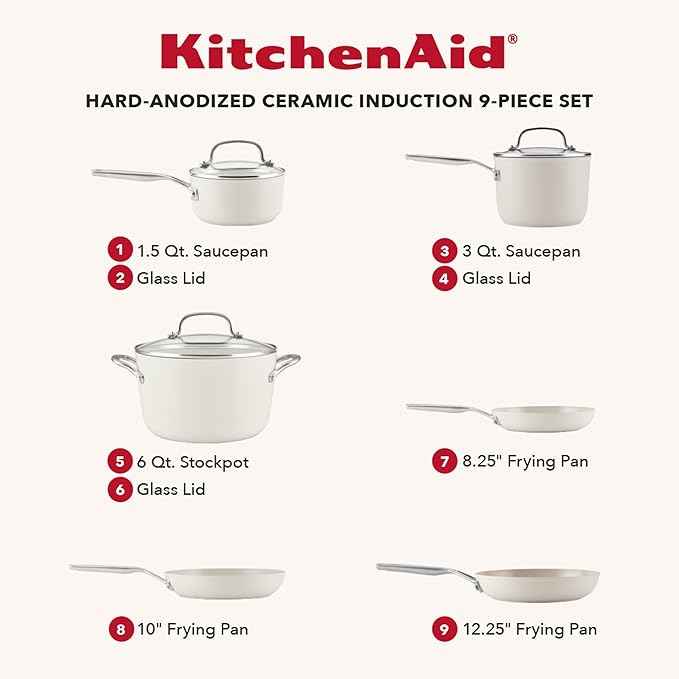 KitchenAid Hard Anodized Ceramic Induction Nonstick Pots and Pans with Saucepans, Frying Pans, Stockpot, and Lids, Dishwasher Safe, 9 Piece Cookware Set with Stainless Steel Handles - Porcelain White