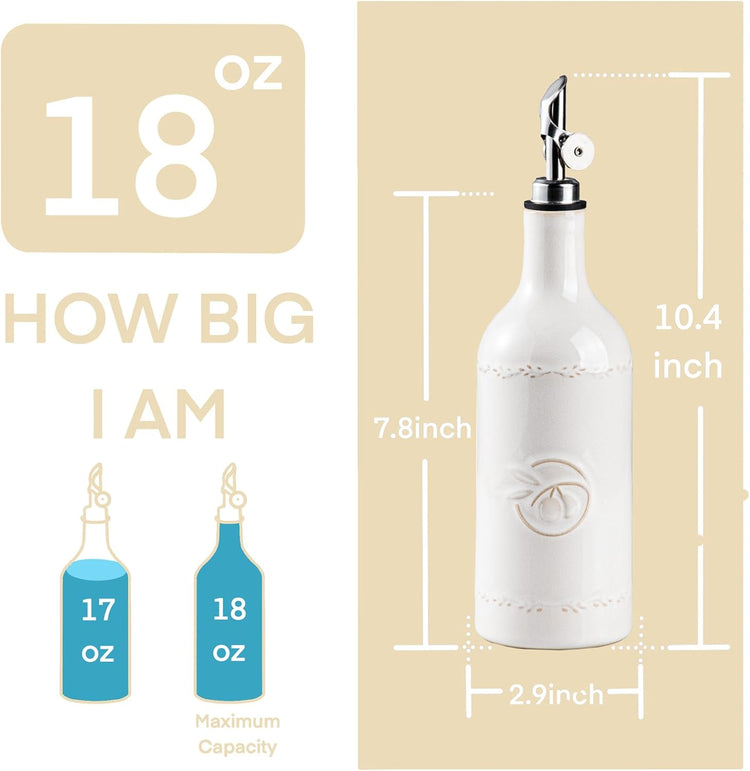 Olive Oil Dispenser Bottle, 18 oz Ceramic Oil Dispenser for Kitchen, Large Capacity Oli Bottle and Vinegar Cruet with Stainless Steel Spout, Cooking Oil Dispenser, Pack of 1, Off-White