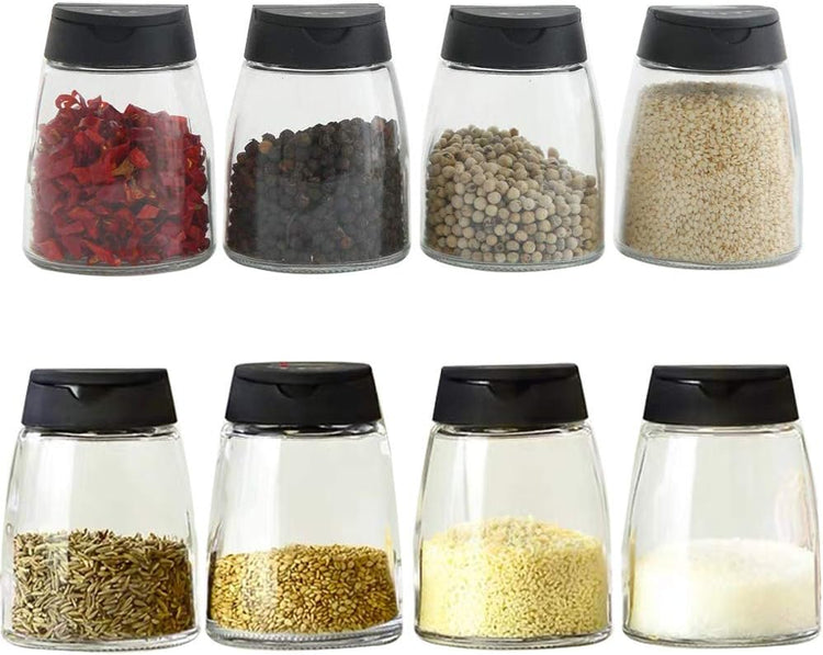 Glass Spice Jars, Double Lids Seasoning Shakers Glass Bottles Spice Shakers Sifter Barbecue Salt & Pepper Shaker Container (8PCS)