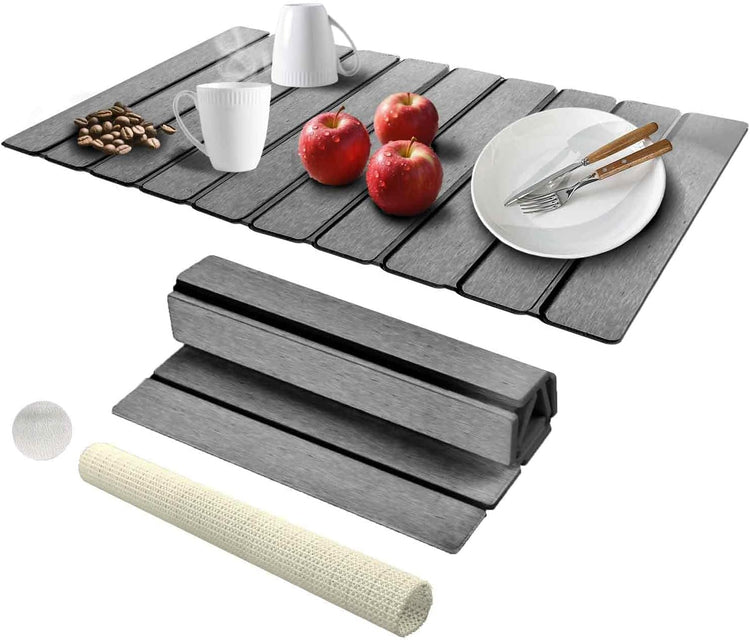 Dish Drying Mat Stone Bath Mat Diatomaceous Earth Stone Drying Mat For Kitchen Counter Sink Bath Mat Quick Dry Non Slip Foldable Dish Drying Rack Mat Large(24"×16" Dark Grey)
