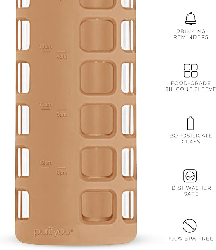 purifyou 40oz / 32oz / 22oz / 12oz Borosilicate Glass Water Bottle with Time & Volume Markers, Silicone Sleeve, Stainless Steel Lid – Reusable Glass Bottle for Water & Juice (32oz Iced Coffee)