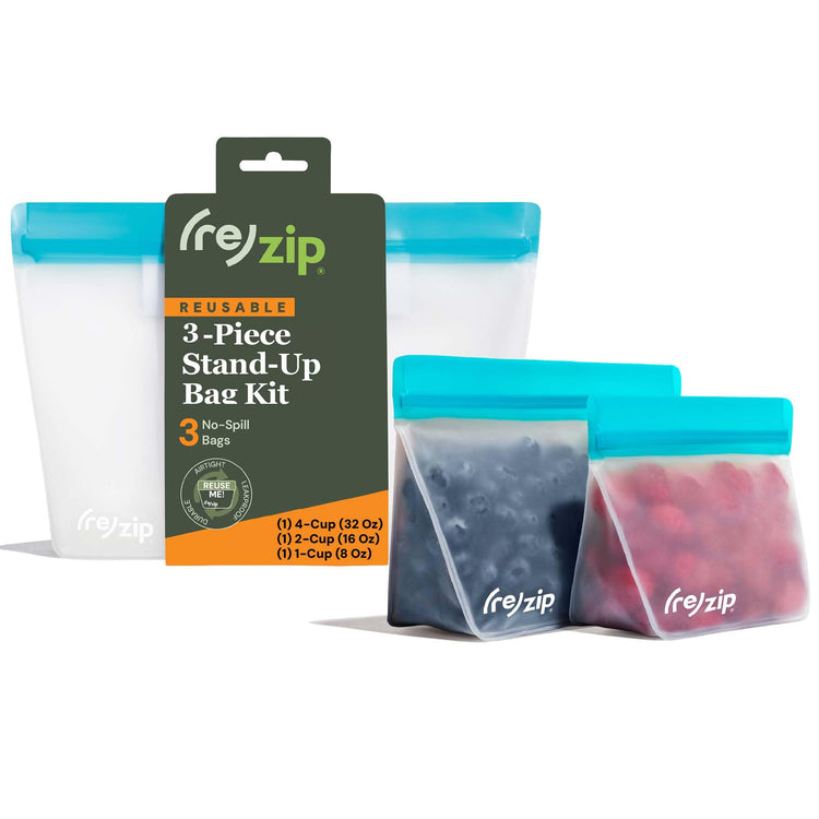 re) zip 3-Piece Stand-Up Reusable Bag Kit | BPA-Free, Food Grade, Leakproof, Freezer and Dishwasher Safe | Quart (1), 2-Cup (1), Snack (1) | Aqua