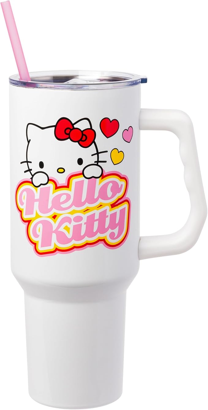 Silver Buffalo Sanrio Hello Kitty Name and Hearts Stainless Steel Tumbler with Handle and Straw, Fits in Standard Cup Holder, 40 Ounces (Pack of 12)