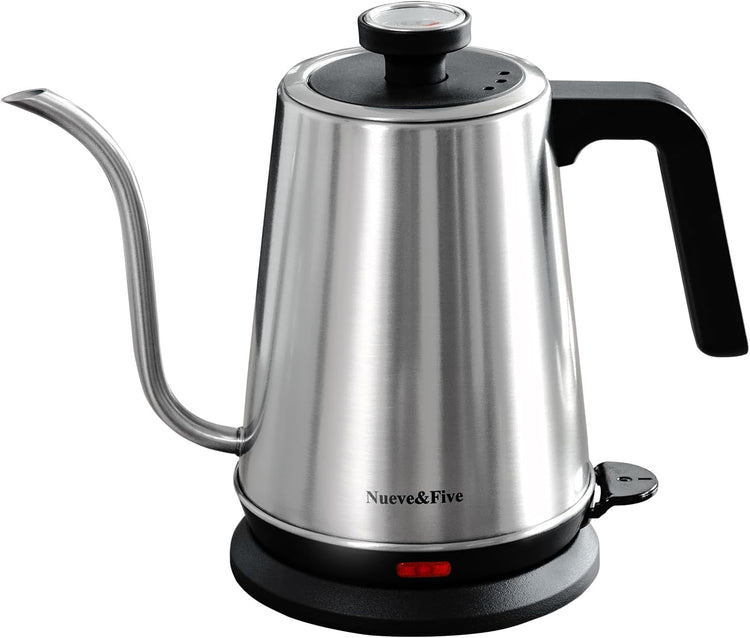 Nueve&Five Gooseneck Electric Kettle with Thermometer,Electric Tea Kettle 1L with Auto Shut-Off,1000W Hot Water Kettle of Stainless Steel,Pour Over Kettle for Coffee & Tea -Chrome
