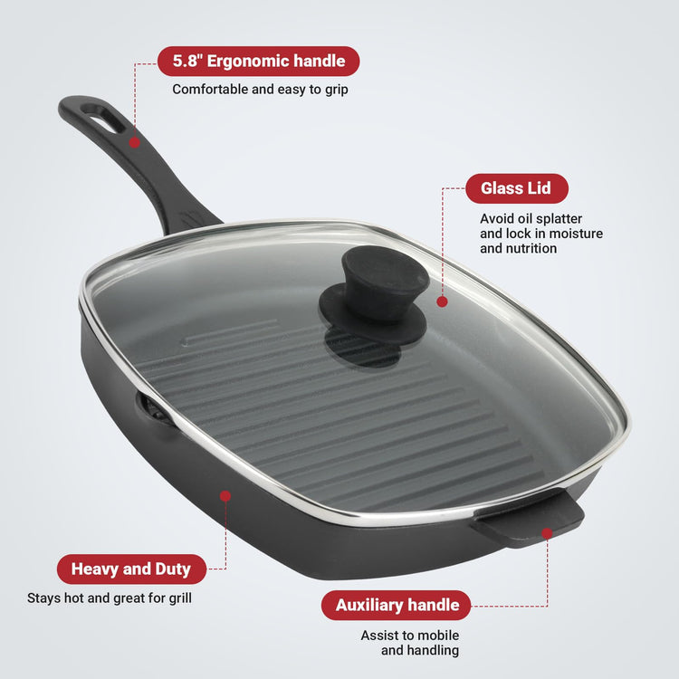 10.5 Inch Cast Iron Square Grill Pan with Tempered Glass Lid