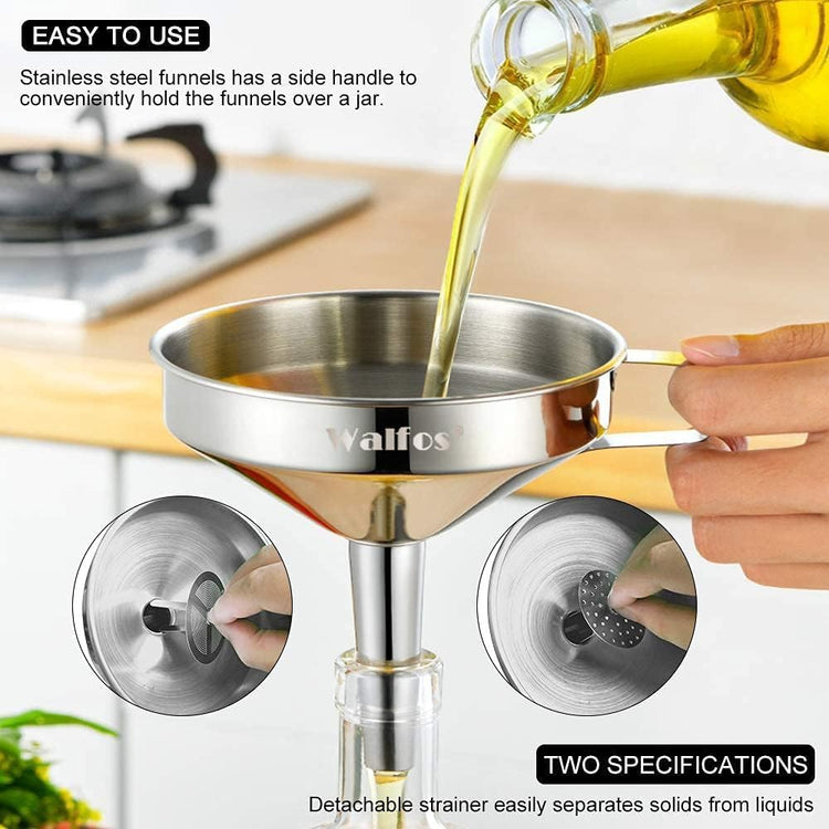 Stainless Steel Funnel, Walfos 3 Different Sizes of Kitchen funnels with 2 Removable Strainer & 1Pcs Cleaning Brush, for Transferring of Liquid, Oils, Jam, Powder